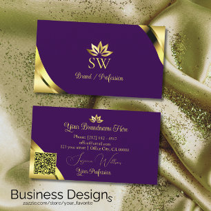 Goldene Schimmer-Ecken auf violettem Monogramm-QR- Visitenkarte