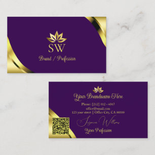 Goldene Schimmer-Ecken auf violettem Monogramm-QR- Visitenkarte