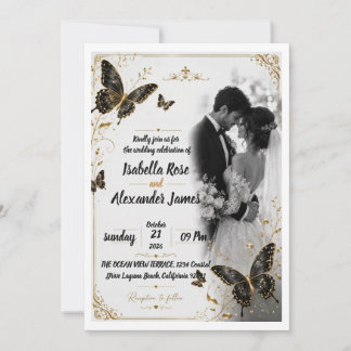 Goldene Schmetterling-Romantik-Hochzeitseinladung Einladung