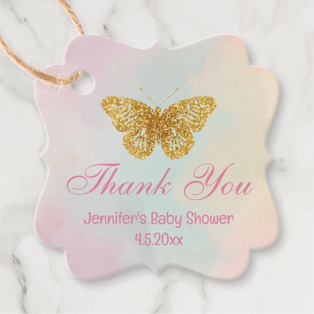 Goldene Schmetterling Rosa Babydusche Danke chic Geschenkanhänger (Vorderseite)