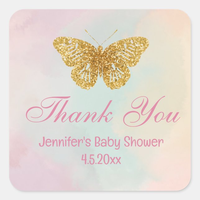 Goldene Schmetterling Rosa Drehbuch Babydusche Dan Quadratischer Aufkleber (Vorderseite)