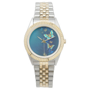 Goldene Schmetterlinge auf blauem Hintergrund Armbanduhr