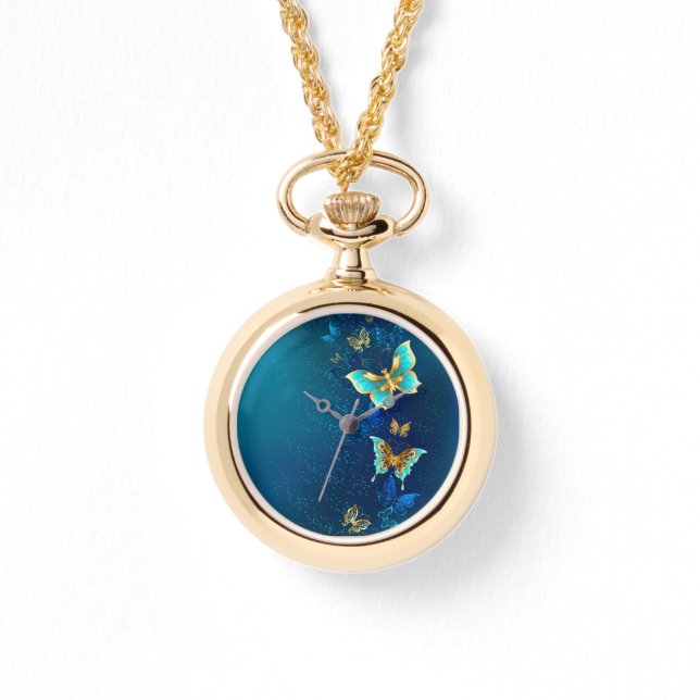 Goldene Schmetterlinge auf blauem Hintergrund Armbanduhr (Vorderseite)