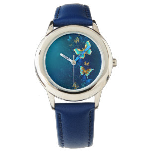 Goldene Schmetterlinge auf blauem Hintergrund Armbanduhr