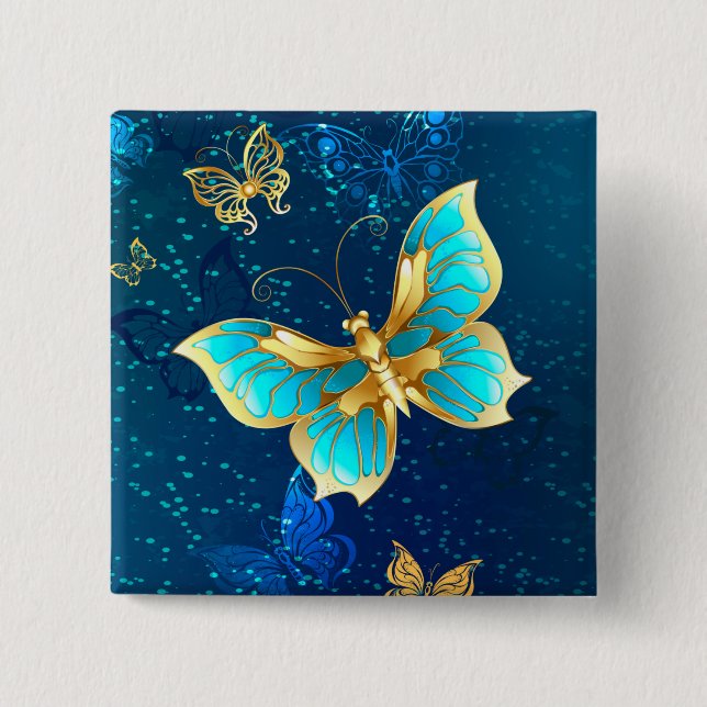 Goldene Schmetterlinge auf blauem Hintergrund Button (Vorderseite)