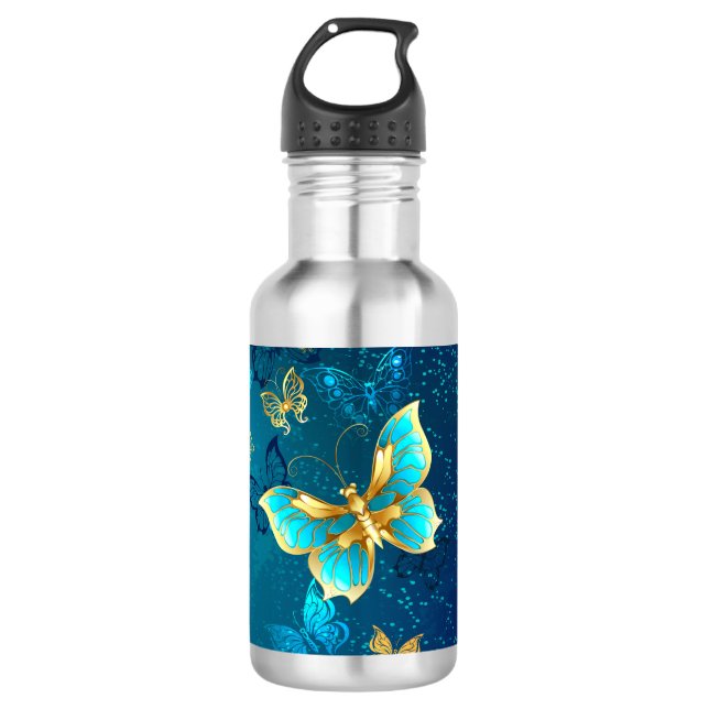 Goldene Schmetterlinge auf blauem Hintergrund Edelstahlflasche (Vorderseite)