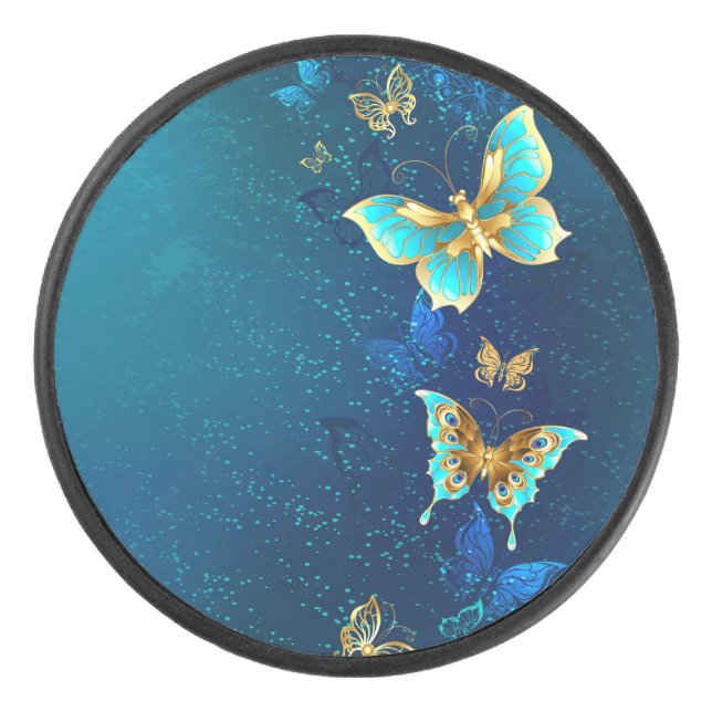Goldene Schmetterlinge auf blauem Hintergrund Eishockey Puck (Vorderseite)