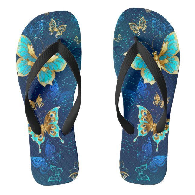 Goldene Schmetterlinge auf blauem Hintergrund Flip Flops (Fußbett)