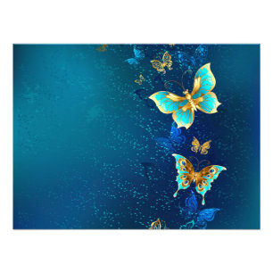 Goldene Schmetterlinge auf blauem Hintergrund Fotodruck