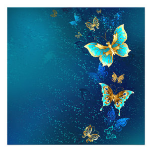 Goldene Schmetterlinge auf blauem Hintergrund Fotodruck
