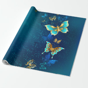 Goldene Schmetterlinge auf blauem Hintergrund Geschenkpapier