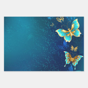 Goldene Schmetterlinge auf blauem Hintergrund Geschenkpapier Set