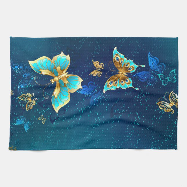 Goldene Schmetterlinge auf blauem Hintergrund Geschirrtuch (Horizontal)