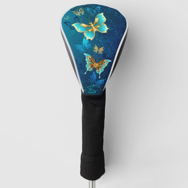 Goldene Schmetterlinge auf blauem Hintergrund Golf Headcover (Vorderseite)