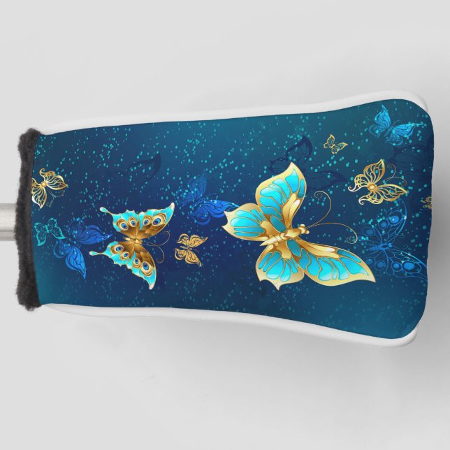 Goldene Schmetterlinge auf blauem Hintergrund Golf Headcover (Vorderseite)