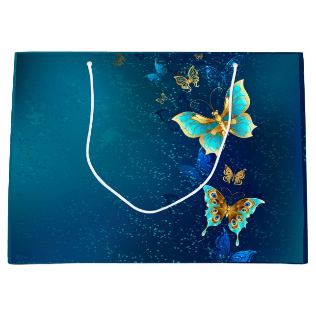 Goldene Schmetterlinge auf blauem Hintergrund Große Geschenktüte (Vorderseite)
