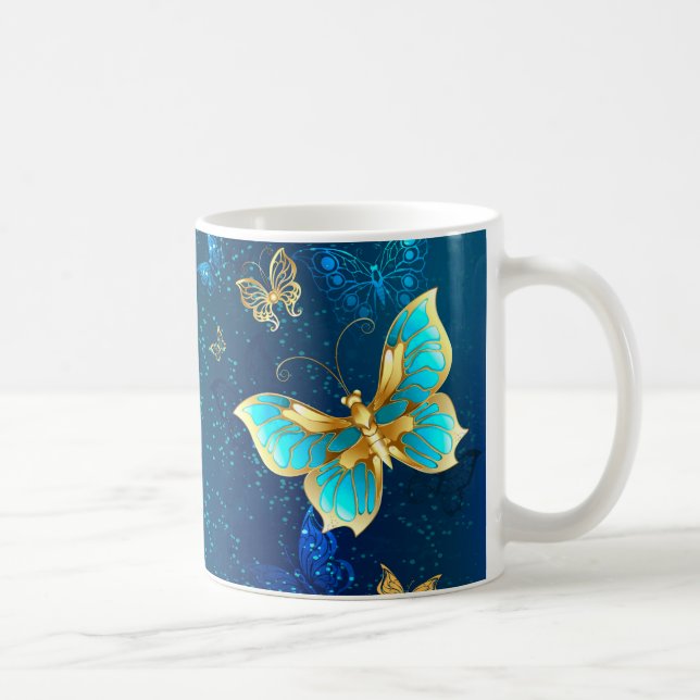 Goldene Schmetterlinge auf blauem Hintergrund Kaffeetasse (Rechts)