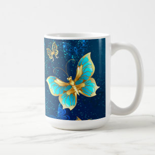 Goldene Schmetterlinge auf blauem Hintergrund Kaffeetasse