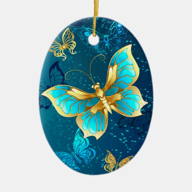 Goldene Schmetterlinge auf blauem Hintergrund Keramik Ornament (Vorne)