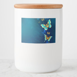 Goldene Schmetterlinge auf blauem Hintergrund Lebensmitteletikett