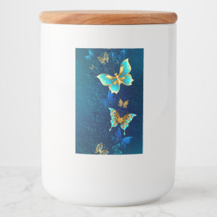 Goldene Schmetterlinge auf blauem Hintergrund Lebensmitteletikett