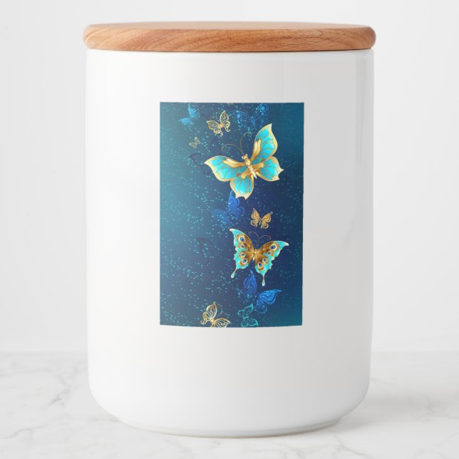 Goldene Schmetterlinge auf blauem Hintergrund Lebensmitteletikett (Vorderseite)