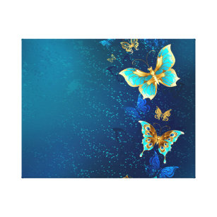 Goldene Schmetterlinge auf blauem Hintergrund Leinwanddruck