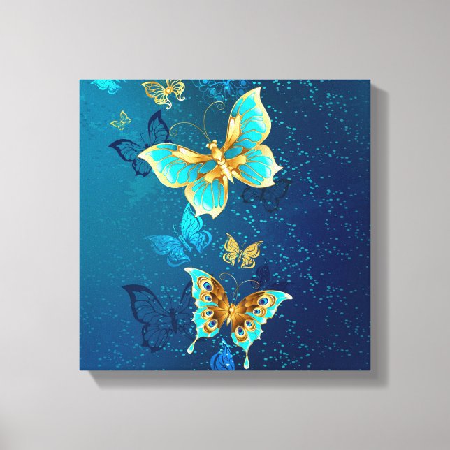 Goldene Schmetterlinge auf blauem Hintergrund Leinwanddruck (Vorderseite)