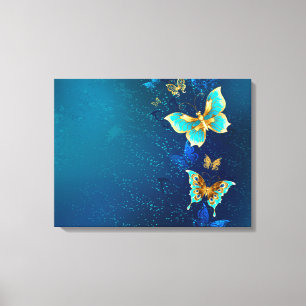 Goldene Schmetterlinge auf blauem Hintergrund Leinwanddruck