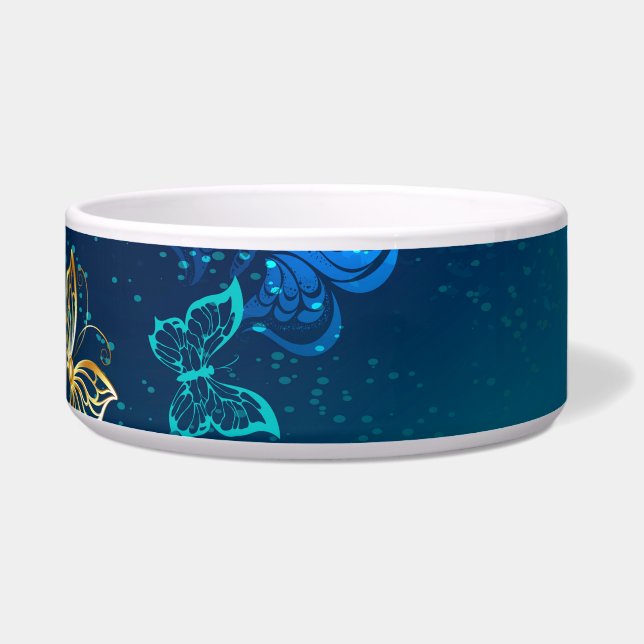 Goldene Schmetterlinge auf blauem Hintergrund Napf (Rechts)