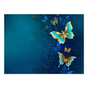 Goldene Schmetterlinge auf blauem Hintergrund Poster