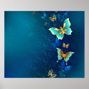 Goldene Schmetterlinge auf blauem Hintergrund Poster