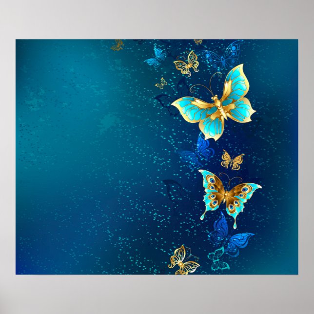Goldene Schmetterlinge auf blauem Hintergrund Poster (Vorne)