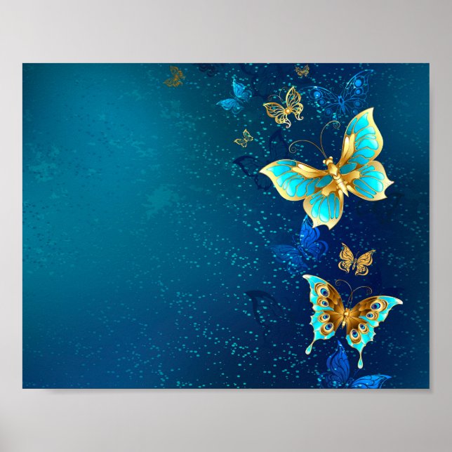 Goldene Schmetterlinge auf blauem Hintergrund Poster (Vorne)