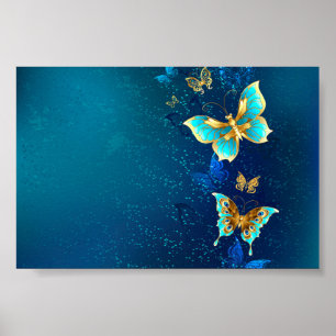 Goldene Schmetterlinge auf blauem Hintergrund Poster