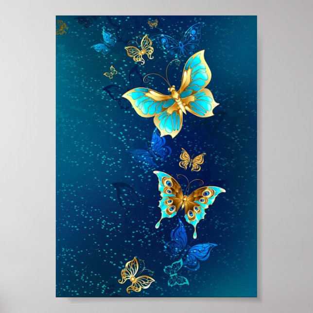 Goldene Schmetterlinge auf blauem Hintergrund Poster (Vorne)