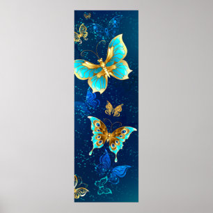 Goldene Schmetterlinge auf blauem Hintergrund Poster