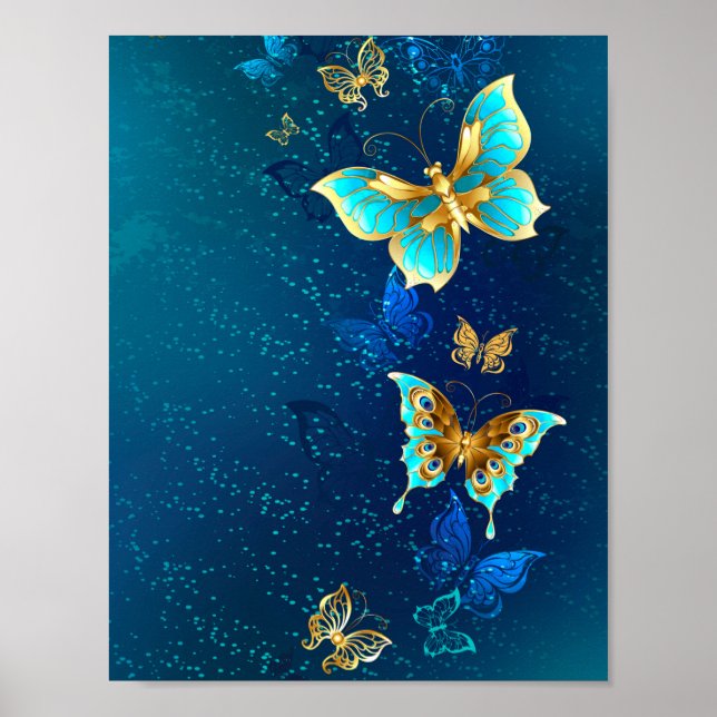 Goldene Schmetterlinge auf blauem Hintergrund Poster (Vorne)
