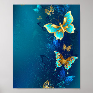 Goldene Schmetterlinge auf blauem Hintergrund Poster