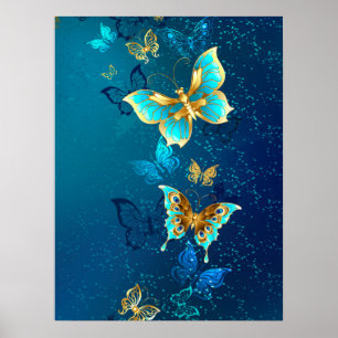 Goldene Schmetterlinge auf blauem Hintergrund Poster