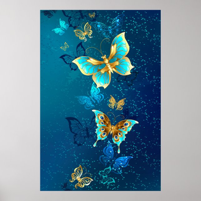 Goldene Schmetterlinge auf blauem Hintergrund Poster (Vorne)