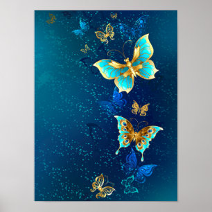 Goldene Schmetterlinge auf blauem Hintergrund Poster