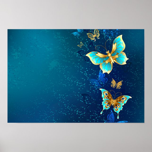 Goldene Schmetterlinge auf blauem Hintergrund Poster (Vorne)