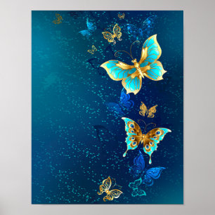Goldene Schmetterlinge auf blauem Hintergrund Poster