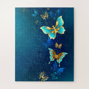 Goldene Schmetterlinge auf blauem Hintergrund Puzzle
