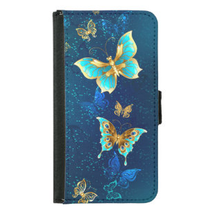 Goldene Schmetterlinge auf blauem Hintergrund Geldbeutel Hülle Für Das Samsung Galaxy S5