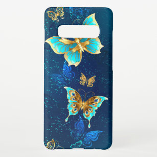 Goldene Schmetterlinge auf blauem Hintergrund Samsung Galaxy S10+ Hülle