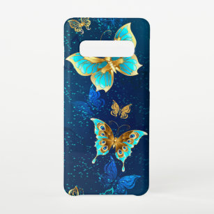 Goldene Schmetterlinge auf blauem Hintergrund Samsung Galaxy S10 Hülle