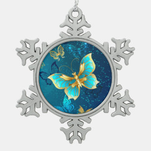 Goldene Schmetterlinge auf blauem Hintergrund Schneeflocken Zinn-Ornament