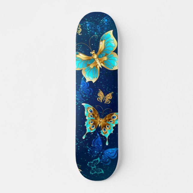 Goldene Schmetterlinge auf blauem Hintergrund Skateboard (Vorne)